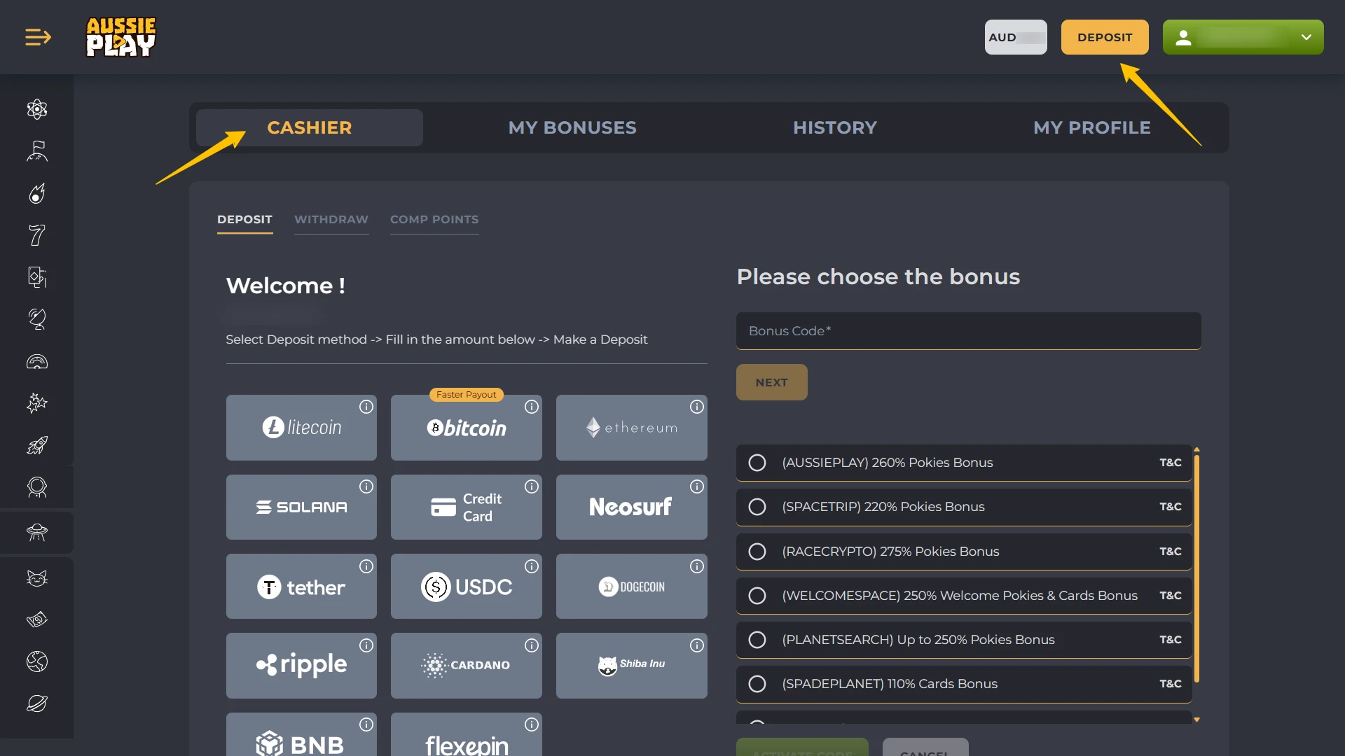 Head to the cashier to manage your Aussie Play Login profile.