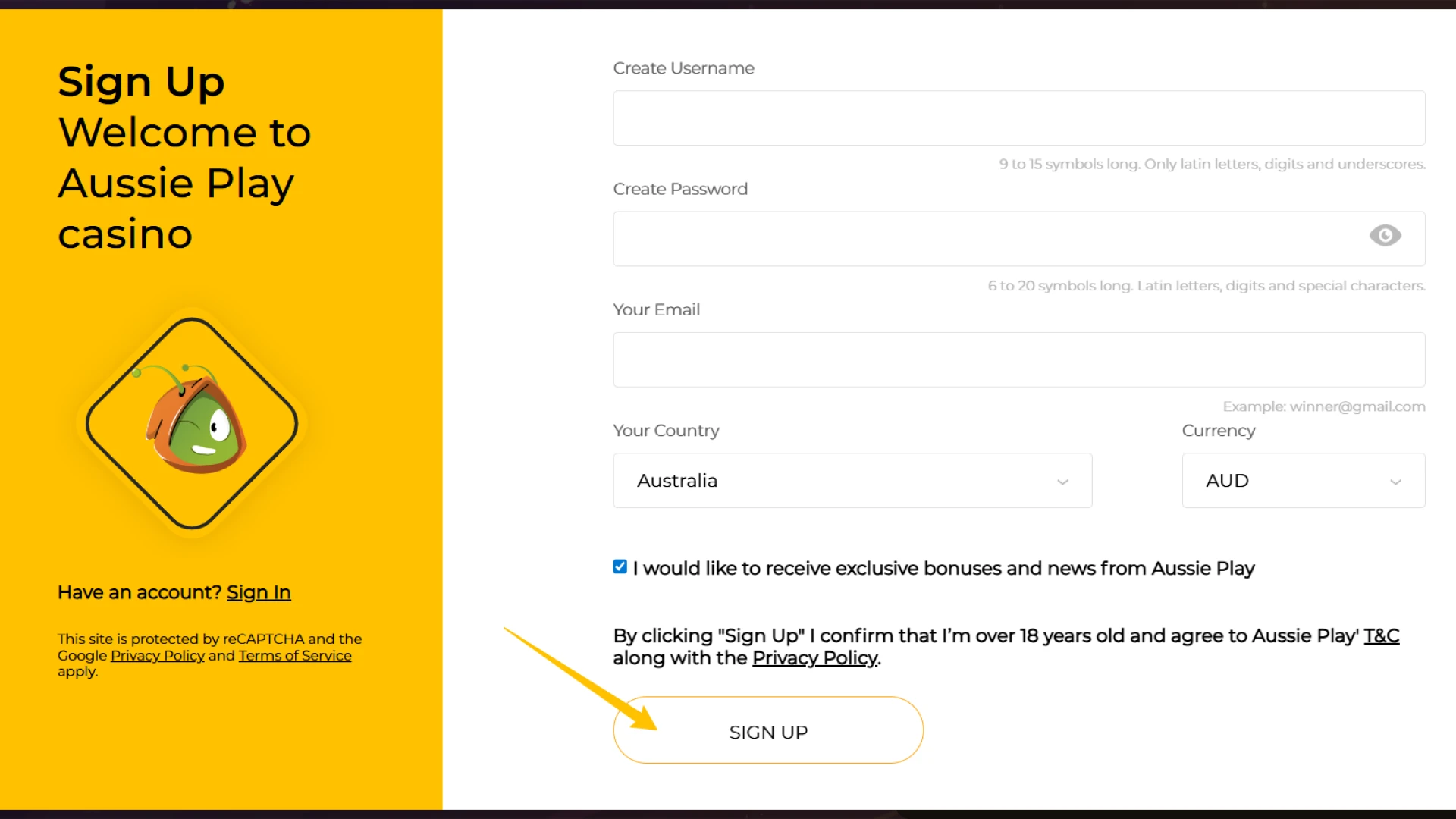 Verify your new account to complete the Aussie Play Registration steps.