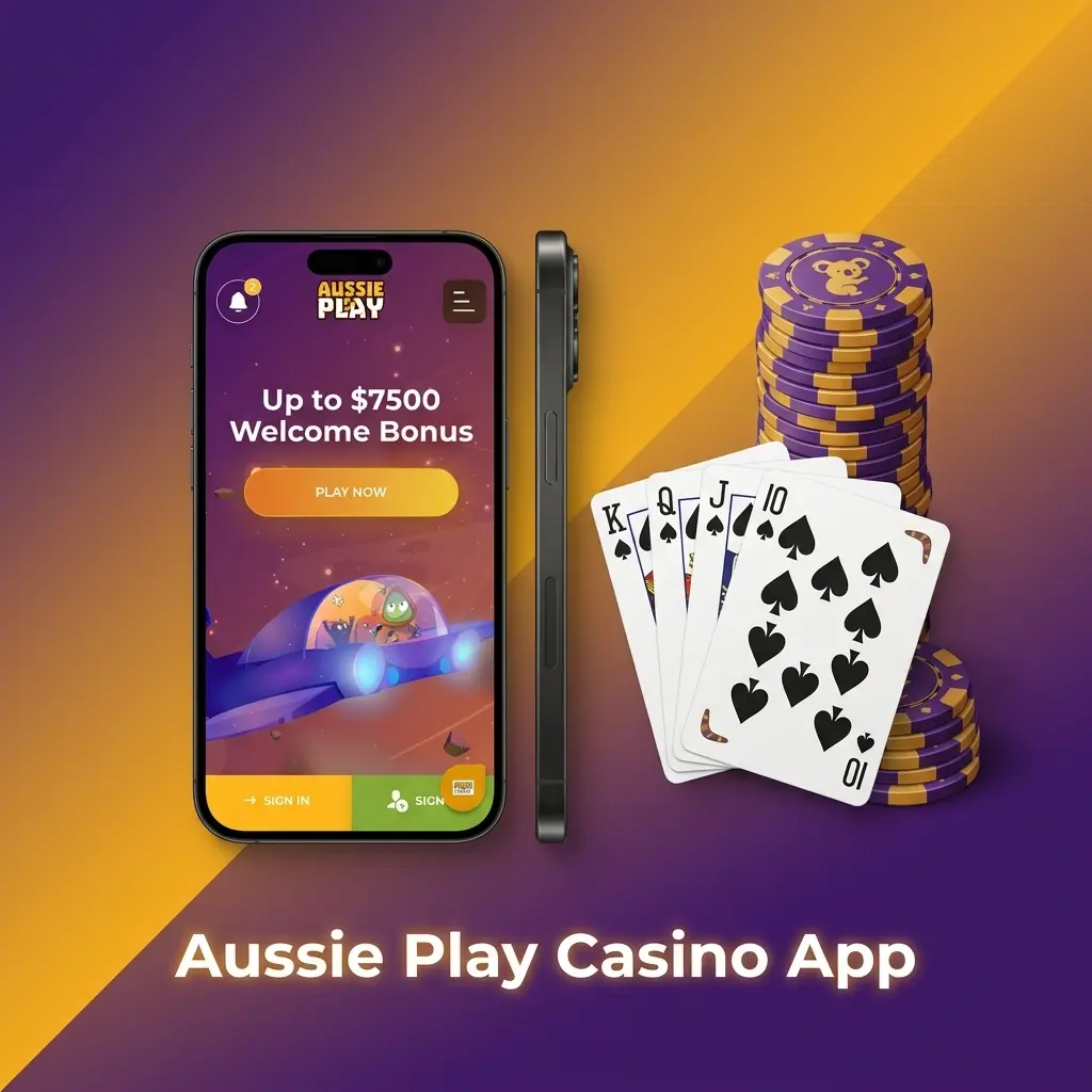 Aussie Play Casino app on mobile showing slots, live dealer games, blackjack, roulette, and casino promotions