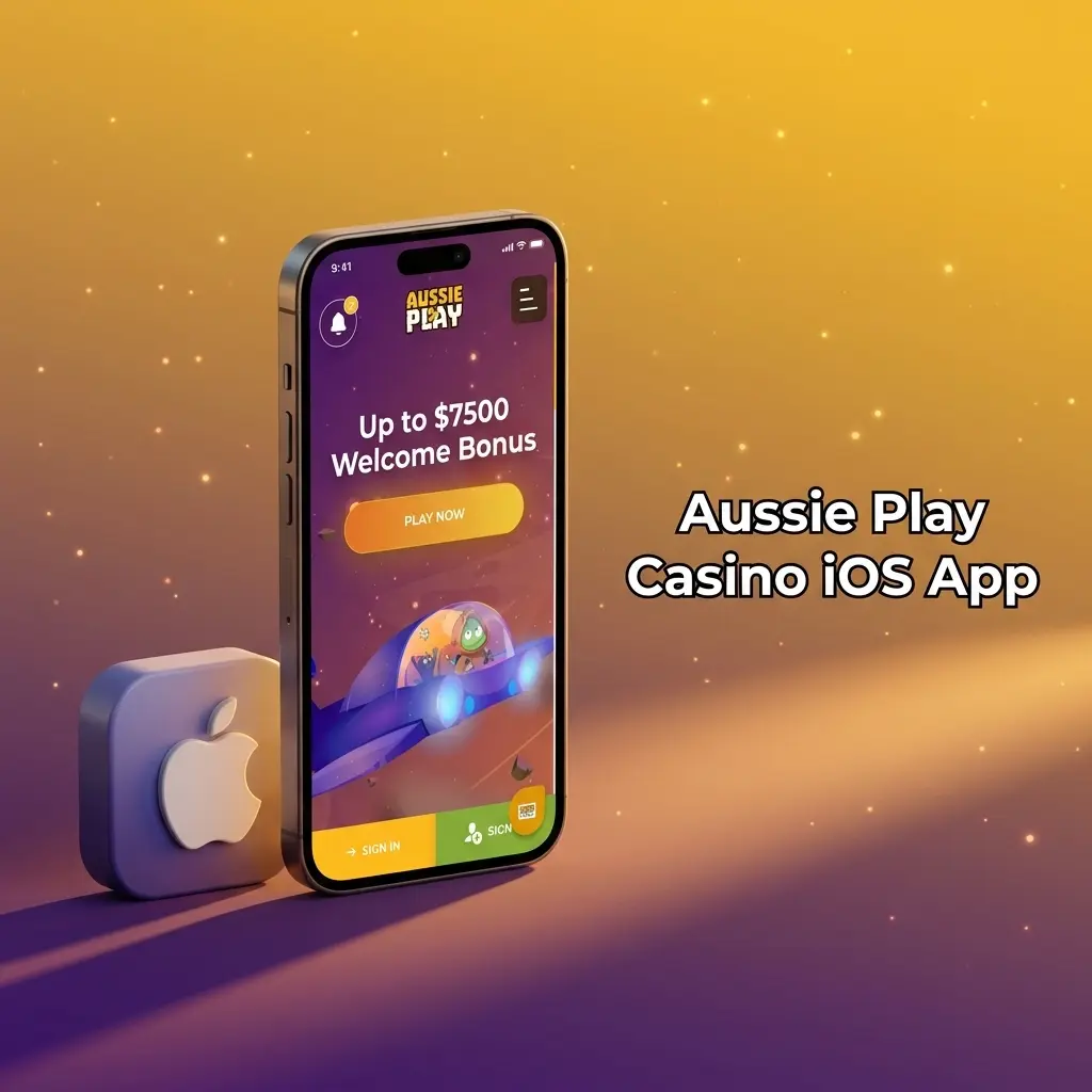 Aussie Play Casino iOS app displayed on iPhone and iPad, showing mobile gaming interface compatible with iOS 13.0 or later