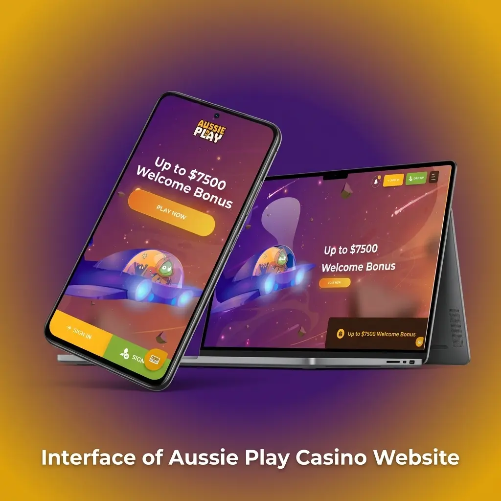 Aussie Play Casino website interface showing top navigation bar with Sports, Casino, Live Casino, and Promotions sections